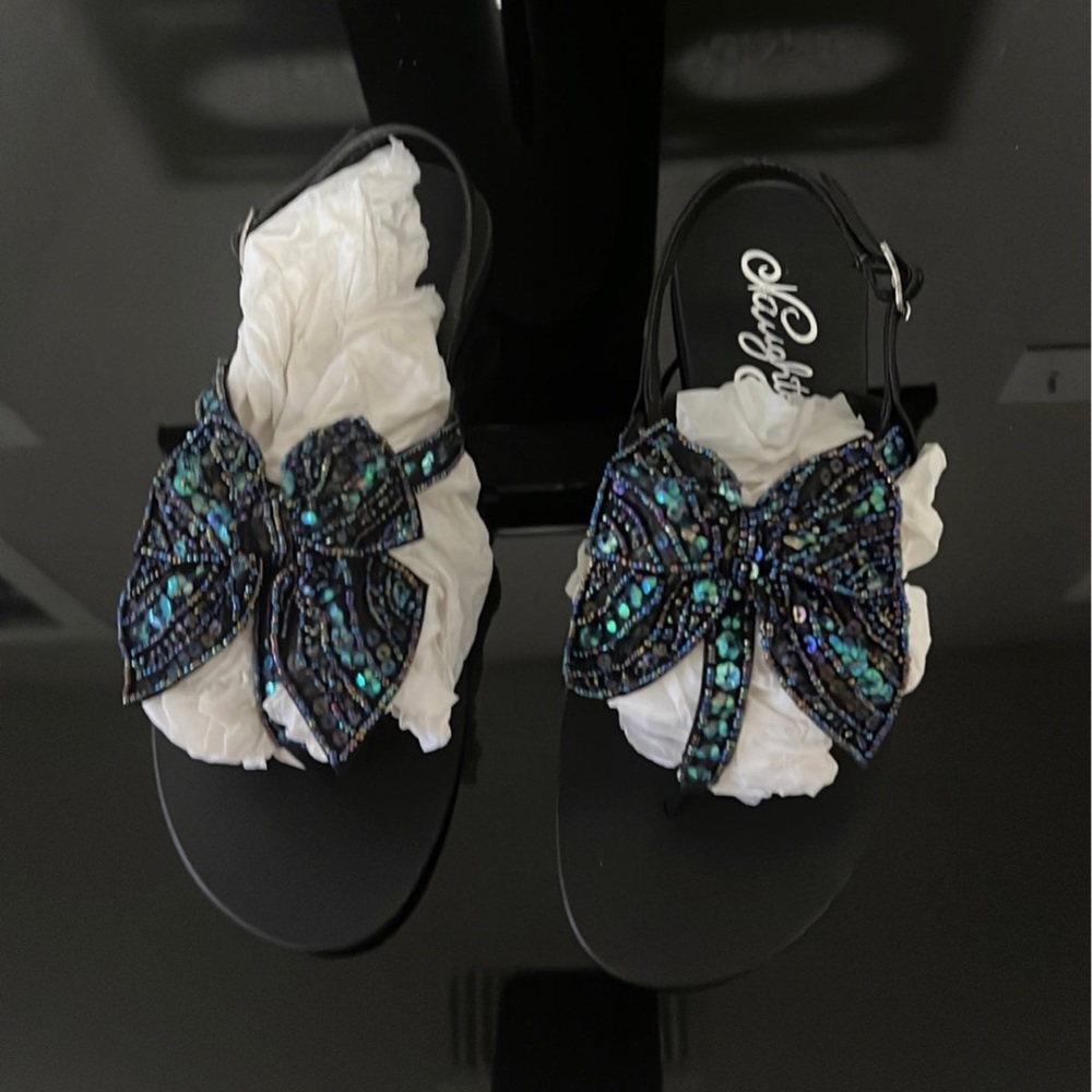 Naughty Monkey Black with multi-color beaded flat sandals.